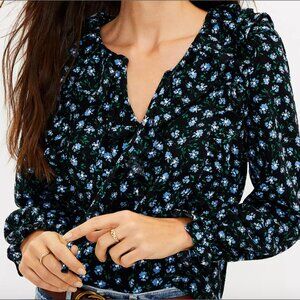 NWT LOFT Women's Navy Blue Floral Print Ruffle Tie Neck Blouse Sz Petite Large